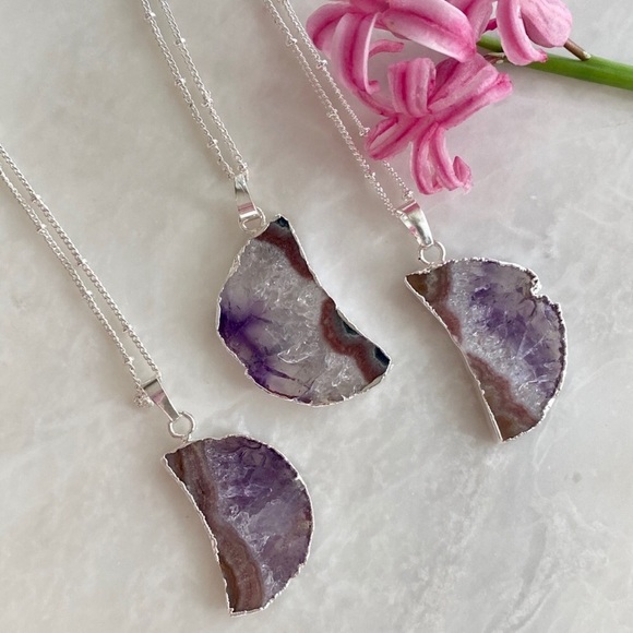 Raw Amethyst Slice Silver Moon Pendant Nec… - Picture 5 of 6